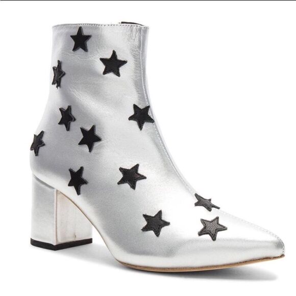 Revolve Raye Thom Ankle Boots Silver Metallic Pointed Toe Black Stars Size 8